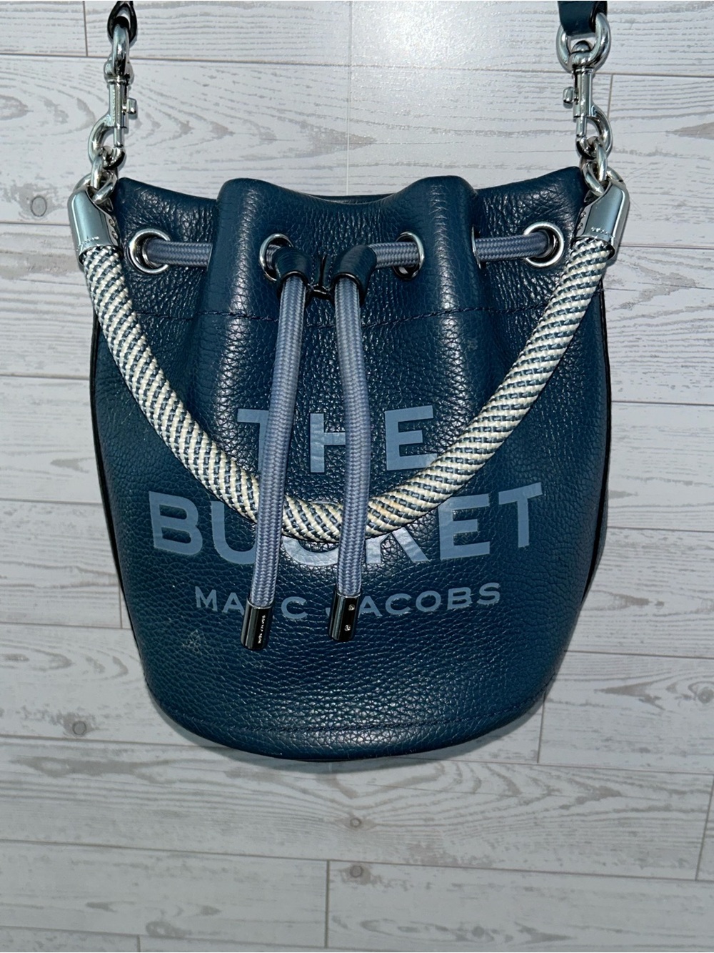 Marc Jacobs Navy Blue Leather Drawstring Bucket Crossbody